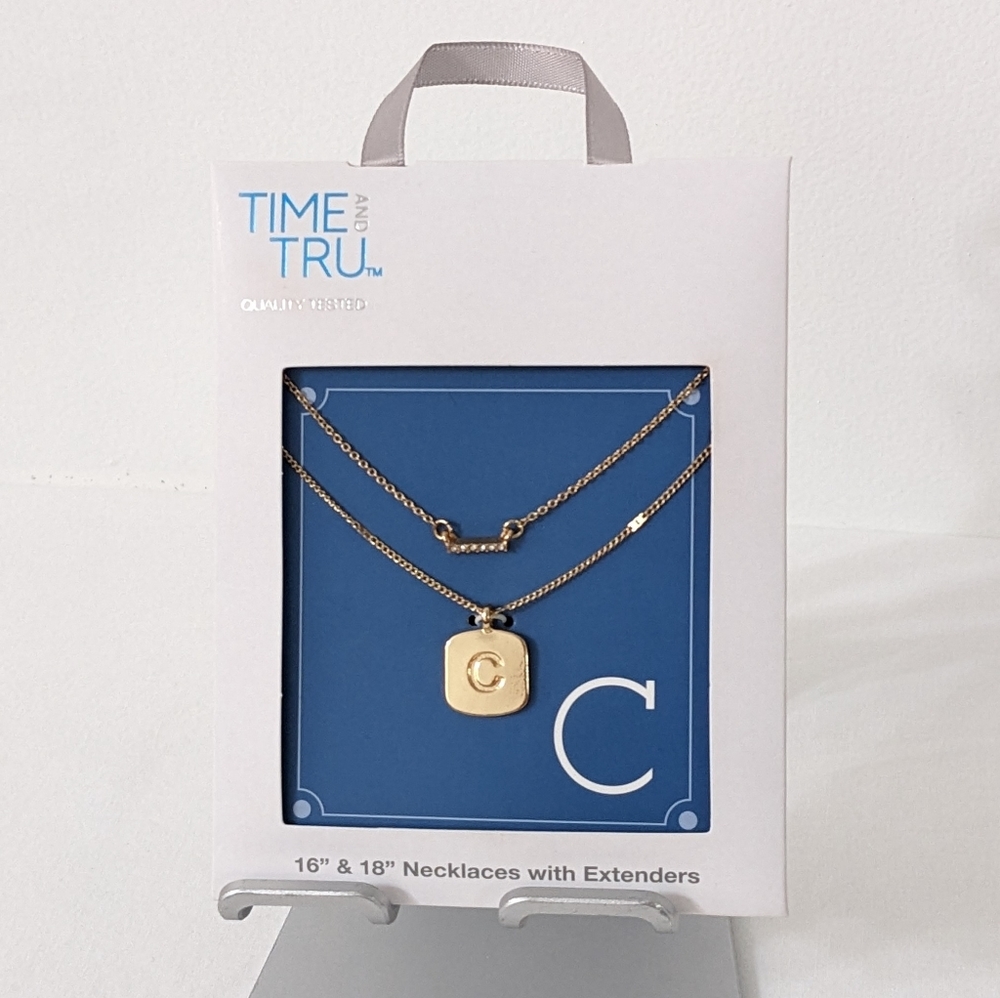 Women's Initial Letter "C" Pendant Necklace Set, 2 PC Set, Gold Tone, NEW